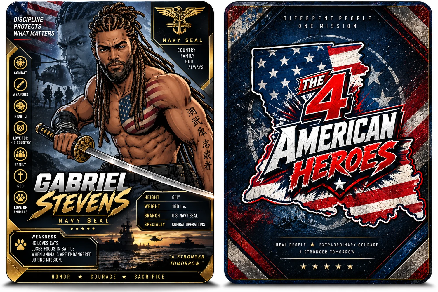 The 4 American Heroes trading card back artwork