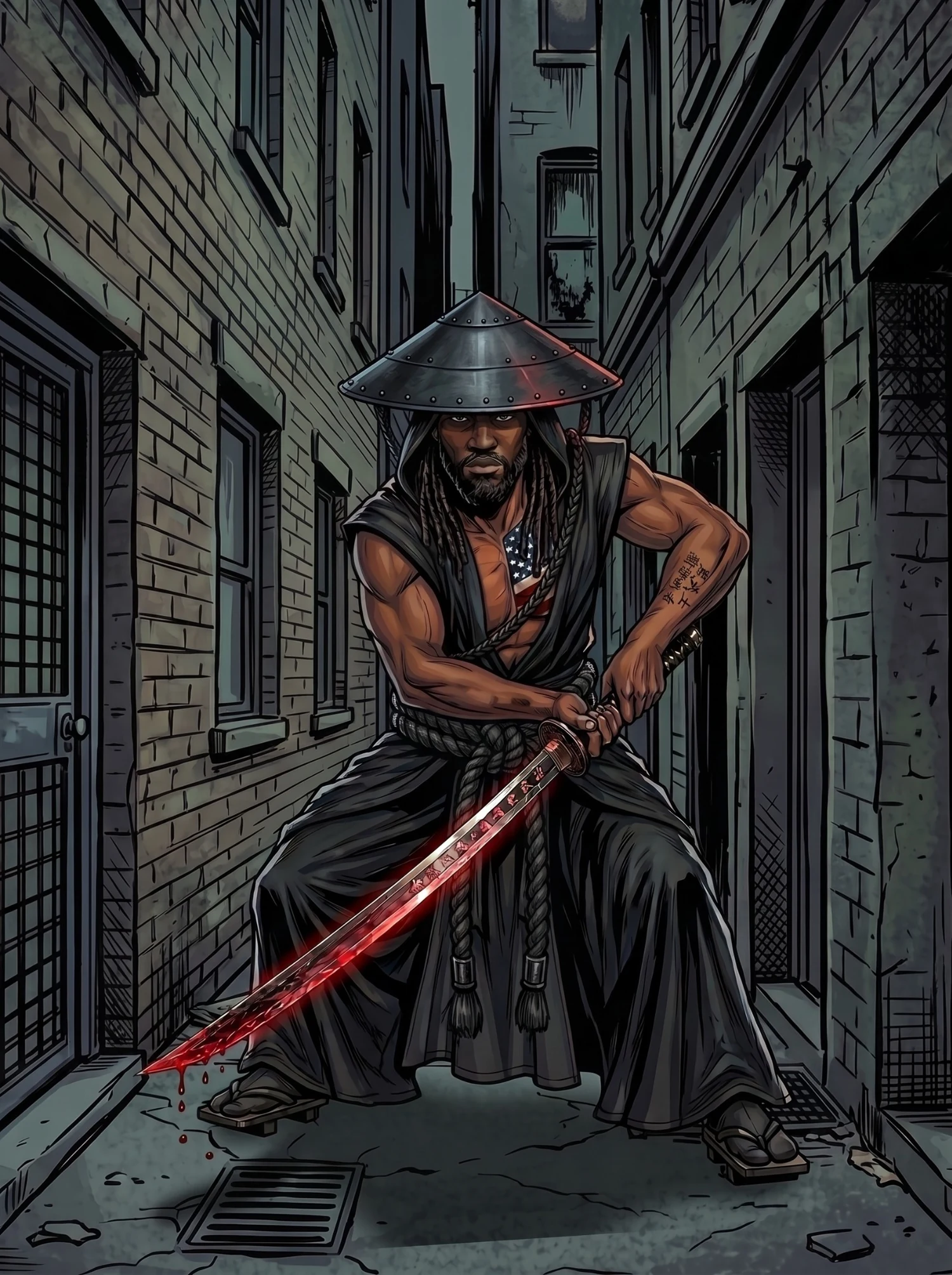 Illustrated portrait of Gabriel Stevens in samurai gear