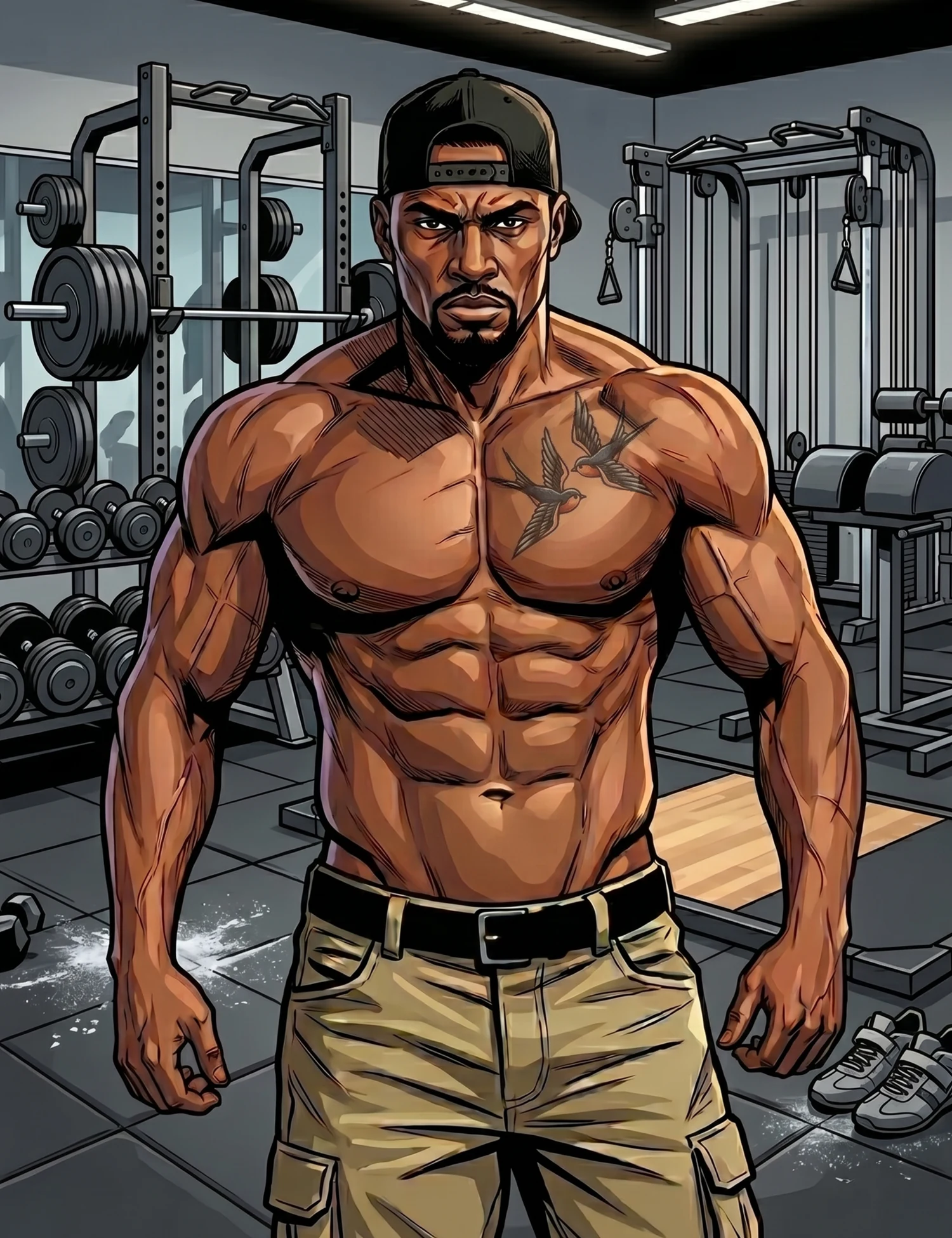 Illustrated portrait of Michael Stevens in a gym